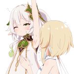  2girls ? arm_up armpit_focus armpits azbchan1221 bare_arms bare_shoulders blonde_hair blush closed_mouth dress ear_blush genshin_impact gradient_hair green_eyes green_hair hair_between_eyes half-closed_eye heart highres long_hair lumine_(genshin_impact) multicolored_hair multiple_girls nahida_(genshin_impact) one_eye_closed pointy_ears presenting_armpit short_hair sidelocks simple_background sleeveless sleeveless_dress smelling_armpit sound_effects sweat sweatdrop symbol-shaped_pupils upper_body white_background white_dress white_hair yuri 