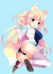  1girl animal_ear_fluff animal_ears ass bangs blonde_hair blue_background blue_eyes blue_swimsuit blush bow breasts brown_footwear commentary_request drawstring eyebrows_visible_through_hair fox_ears fox_girl fox_shadow_puppet fox_tail fuuna_thise hair_between_eyes hair_bow hair_intakes hand_up hood hood_down hooded_jacket jacket large_breasts loafers long_hair new_school_swimsuit one-piece_swimsuit open_clothes open_jacket original school_swimsuit shoe_soles shoes sidelocks simple_background solo swimsuit tail thighhighs two_side_up very_long_hair white_bow white_jacket white_legwear 