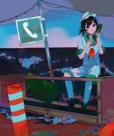  1girl absurdres black_eyes black_hair bob_cut boots brown_footwear cloud full_body green_sailor_collar hat highres holding holding_phone horizon index_finger_raised kneehighs light_frown looking_at_viewer murasa_minamitsu no_pupils ocean on_railing phone phone_booth power_lines railing s_u_d sailor_collar sailor_hat school_uniform serafuku shirt short_hair shorts sitting sky socks solo touhou traffic_cone utility_pole waves white_headwear white_serafuku white_shirt white_shorts white_socks 