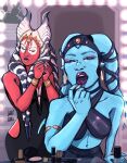 aayla_secura alien alien_humanoid artist_name blue_body blue_skin clothing cobalt_beam dress duo ear_piercing ear_ring female hi_res humanoid lekku_(anatomy) lipstick makeup navel piercing ring_piercing shaak_ti star_wars togruta twi&#039;lek