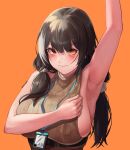  1girl arm_up armpits black_hair blush breasts cleavage covered_nipples girls&#039;_frontline heterochromia highres large_breasts long_hair looking_at_viewer multicolored_hair orange_background presenting_armpit red_eyes ro635_(girls&#039;_frontline) sin-gen solo streaked_hair white_hair yellow_eyes 
