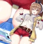  1girl :o atelier_(series) atelier_ryza belt beret blush breasts brown_eyes brown_hair cowboy_shot frown ground_vehicle hair_ornament hairclip hands_up hat highres large_breasts long_sleeves midriff_peek motion_blur open_mouth red_shorts reisalin_stout revision shirt short_hair short_shorts shorts sidelocks skindentation solo thigh_gap thighhighs thighs train vest white_headwear white_shirt xenonstriker yellow_vest 