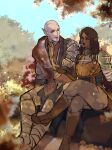  1boy 1girl armor bald brown_hair cleft_chin crossed_legs dark-skinned_female dark_skin day dragon_age dragon_age:_inquisition earrings elf eye_contact feet_out_of_frame fur-trimmed_armor fur_trim hejee highres holding holding_smoking_pipe inquisitor_(dragon_age) jewelry looking_at_another mature_male medium_hair outdoors pointy_ears sitting smile smoke smoking smoking_pipe solas 
