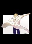  1boy blonde_hair blue_pants coat denim fate/stay_night fate_(series) from_behind fur_collar gilgamesh_(fate) hal_(haaaalhal) jeans male_focus pants solo white_coat 
