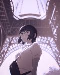 1girl :3 bag breasts day eiffel_tower from_below glasses highres ilya_kuvshinov looking_at_viewer monochrome original short_hair short_sleeves small_breasts solo upper_body 