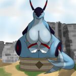 alrecsolus belly big_breasts blue_body breasts curvy_figure female hanging_breasts hi_res huge_breasts jetragon large_female looking_down nipple_outline pal_(species) palworld pocketpair pool red_eyes sky solo tail thick_thighs voluptuous wide_hips