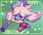  1girl blonde_hair fang fusion gloves green_background hammer highres holding holding_hammer league_of_legends long_hair looking_at_viewer phantom_ix_row pink_hair pokemon poppy_(league_of_legends) smile solo star_(symbol) tinkaton 