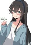  1girl absurdres alternate_costume artist_logo black_hair blue_eyes blue_hairband blue_jacket glasses hairband highres hood hooded_jacket jacket kantai_collection lanthan long_hair one-hour_drawing_challenge ooyodo_(kancolle) shirt simple_background smile solo upper_body white_background white_shirt 