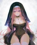  1girl alternate_costume black_dress breasts cleavage covered_navel cross dress highres hololive hololive_english large_breasts long_hair looking_at_viewer mori_calliope navel nun pink_hair red_eyes s7nsles solo straight_hair virtual_youtuber 