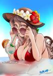  1girl alternate_costume bikini blue_background breasts brown_eyes drink drinking_straw grey_hair hat kantai_collection large_breasts long_hair looking_at_viewer pola_(kancolle) red_bikini solo sun_hat sunglasses swimsuit thick_eyebrows udukikosuke wavy_hair 