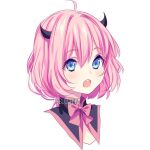  1girl ahoge artist_name black_horns blue_eyes blush bow bowtie cropped_head hair_between_eyes horns looking_at_viewer open_mouth original pink_bow pink_bowtie pink_hair rina_(sasucchi95) sasucchi95 short_hair solo teeth turtleneck upper_teeth_only white_background 