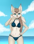  beach beautiful_eyes beauty bikini bikini_bottom bikini_top braided_hair breasts canid canine canis cleavage clothed clothing eyewear felid feline female godje_(nightdancer) hair hi_res hybrid looking_at_viewer lynx mammal midriff pinup pose seaside solo spots sunglasses swimwear wolf yonachka_doki 