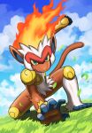  blue_eyes blue_sky closed_mouth cloud colored_sclera commentary_request fiery_hair highres infernape jira_(ziraiya26) monkey pokemon pokemon_(creature) sky smile tail yellow_sclera 