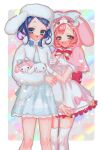  2girls :d animal_ears animal_hood ayase_naru bad_id bad_twitter_id blue_dress blue_eyes blue_hair blush bow brown_eyes capelet cinnamoroll coat commentary_request dress fake_animal_ears feet_out_of_frame fur_coat fur_hat gloves hat highres holding holding_stuffed_toy hood hood_up hooded_capelet looking_at_viewer multiple_girls my_melody onegai_my_melody open_mouth pink_bow pink_capelet pink_hair pretty_rhythm pretty_rhythm_rainbow_live pretty_series rabbit_hood rinne_(pretty_rhythm) sanrio short_hair smile standing stuffed_animal stuffed_rabbit stuffed_toy thighhighs white_coat white_dress white_gloves white_hat white_thighhighs yuiitsu 
