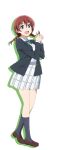  1girl black_socks blue_eyes braid brown_footwear brown_hair collared_shirt emma_verde full_body green_ribbon hair_between_eyes jacket kneehighs loafers long_sleeves looking_at_viewer love_live! love_live!_nijigasaki_high_school_idol_club medium_hair neck_ribbon nijigasaki_academy_school_uniform official_art open_clothes open_jacket open_mouth own_hands_clasped own_hands_together plaid plaid_skirt pleated_skirt ribbon school_uniform shirt shoes sidelocks skirt socks solo transparent_background twin_braids walking white_shirt white_skirt winter_uniform 