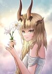  1girl absurdres arknights blonde_hair dragon_girl dragon_horns dress flower green_eyes highres holding holding_flower horns light_in_heart long_hair moovalandi reed_(arknights) reed_the_flame_shadow_(arknights) white_dress white_flower 