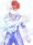  1boy blue_bodysuit blue_eyes bodysuit boku_no_hero_academia burn_scar dated fingerless_gloves fon-due_(fonfon) gloves hair_between_eyes ice looking_at_viewer male_focus multicolored_hair parted_lips red_hair scar scar_across_eye short_hair solo split-color_hair todoroki_shouto two-tone_hair u.a._gym_uniform white_background white_hair 