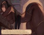  1girl assertive_female bent_over black_hair bodystocking breast_press breasts covered_navel dialogue_box female_pervert fire_emblem fire_emblem_awakening highres indoors large_breasts long_hair looking_at_viewer mirai_hikari pervert smile solo standing tharja_(fire_emblem) thighs twintails 