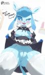 absurd_res anthro blue_body blush breasts canid clothed clothing eeveelution female fur generation_4_pokemon genitals glaceon hi_res looking_at_viewer maid_uniform mammal nintendo nipples nude pokemon pokemon_(species) pussy rabbitadvisory simple_background smile solo tail text uniform