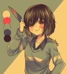  1girl arm_up artist_name blood blood_on_face blood_on_knife blush brown_hair chara_(undertale) closed_mouth collarbone collared_shirt colored_skin english_commentary genderswap genderswap_(otf) green_background green_sweater holding holding_knife knife limited_palette long_sleeves looking_at_viewer red_eyes sasucchi95 shirt short_hair smile solo striped_clothes striped_sweater sweater two-tone_background undertale upper_body yellow_background yellow_skin yellow_sweater 