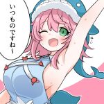  1girl ;d absurdres adapted_costume animal_hat arm_up armpits blue_hat blue_shirt breasts collared_shirt green_eyes hat highres large_breasts okunoda_miyoi one_eye_closed pink_hair shiki_karin shirt sideboob sleeveless sleeveless_shirt smile solo touhou translation_request whale_hat 
