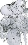  1girl arikanrobo breasts claws cowboy_shot diabellze_of_the_original_sin dress duel_monster eye_of_horus gloves greyscale hat highres large_breasts long_hair monochrome multicolored_hair open_mouth smile solo staff streaked_hair white_background witch_hat yu-gi-oh! 
