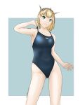  1girl alternate_costume anon. black_one-piece_swimsuit blonde_hair blue_background breasts competition_swimsuit feet_out_of_frame green_eyes headgear highres kantai_collection medium_breasts one-piece_swimsuit rodney_(kancolle) short_hair solo standing swimsuit two-tone_background 