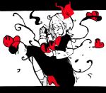  1girl ascot black_vest blonde_hair bow closed_eyes darkness full_body hair_bow hair_ribbon heart limited_palette mokumoku22 open_mouth red_ascot red_bow ribbon rumia short_hair skirt skirt_set touhou vest white_background 