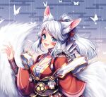  1girl animal_ear_fluff animal_ears arm_at_side arrow_(projectile) blue_eyes blush breasts bug butterfly cleavage collarbone facial_mark fangs hair_ribbon hakurou_(onmyoji) hand_up japanese_clothes kimono medium_breasts medium_hair official_alternate_costume onmyoji open_mouth ponytail red_kimono red_ribbon ribbon sasucchi95 smile solo tail teeth turtleneck upper_body upper_teeth_only white_butterfly white_hair white_tail wolf_ears wolf_girl wolf_tail 