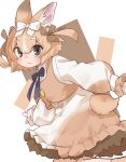  1girl :3 animal_ears blue_bow blue_bowtie blush bow bowtie brown_bow brown_dress brown_vest collared_dress cowboy_shot domestic_rabbit_(kemono_friends) dress frilled_dress frilled_sleeves frills hair_between_eyes hair_bow highres isobee kemono_friends kemono_friends_3 light_brown_hair long_sleeves looking_at_viewer puffy_sleeves rabbit_ears rabbit_girl rabbit_tail short_hair short_twintails sidelocks solo tail twintails two-tone_dress vest white_bow white_dress white_hair 