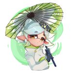  1girl bow-shaped_hair colored_tips commentary green_hair highres holding holding_umbrella inkling jacket long_pointy_ears marie_(splatoon) medium_hair mole mole_under_eye multicolored_hair pointy_ears simple_background solo splatoon_(series) star-shaped_pupils star_(symbol) starsorbet symbol-only_commentary symbol-shaped_pupils tentacle_hair thick_eyebrows two-tone_hair umbrella upper_body white_background white_hair white_jacket yellow_eyes 