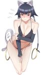  1girl animal_ears bangs bare_shoulders bikini black_bikini bleach blue_eyes blue_hair blunt_bangs blush breasts cat_ears cat_tail cleavage embarrassed fake_animal_ears fake_tail hair_ornament half-closed_eyes highres kuma_(jk0073) low_twintails simple_background solo sui-feng sweatdrop swimsuit tail twintails white_background 