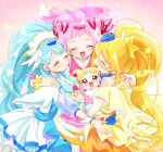  3girls baby blonde_hair blue_hair blue_hat blue_sash blue_scarf cape capelet closed_eyes clothing_cutout cure_ange cure_etoile cure_yell double_bun dress earrings frilled_cuffs garrison_cap group_hug hair_bun hair_ornament hat heart heart_hair_ornament hug hug-tan_(precure) hugtto!_precure jewelry long_hair magical_girl multiple_girls navel navel_cutout open_mouth orange_dress pink_dress pink_hair pleated_dress ponytail precure purple_eyes sash scarf see-through see-through_sleeves short_dress short_sleeves showgirl_skirt sleeveless sleeveless_dress smile standing star_(symbol) star_earrings thighhighs twitter_username very_long_hair white_capelet white_dress white_thighhighs yakushiji_saaya yellow_cape yui_(kanatamoo) 