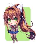  1girl artist_name black_thighhighs blazer blue_skirt blush bow brown_hair brown_jacket buttons chibi chibi_only closed_mouth collared_shirt colored_eyelashes doki_doki_literature_club full_body green_background green_eyes hair_between_eyes hair_bow hand_on_own_hip high_ponytail highres holding holding_pen jacket knees_together_feet_apart long_hair long_sleeves looking_at_viewer monika_(doki_doki_literature_club) neck_ribbon pen pink_footwear red_ribbon ribbon sasucchi95 shirt skirt smile solo standing thighhighs transparent_background two-tone_footwear very_long_hair white_bow white_footwear white_shirt 