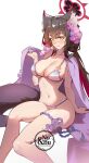  1girl animal_ear_fluff animal_ears bikini black_hair blue_archive blush breasts cleavage closed_mouth collarbone colored_inner_hair feet_out_of_frame flower fox_ears fox_tail hair_flower hair_ornament halo highres j_fang large_breasts long_hair multicolored_hair navel official_alternate_costume purple_bikini purple_flower red_hair red_halo simple_background smile solo swimsuit tail wakamo_(blue_archive) wakamo_(swimsuit)_(blue_archive) white_background yellow_eyes 