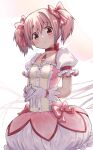  1girl artist_name asukaru_(magika_ru) blush bow breasts choker commentary cowboy_shot dress dress_bow gloves hair_between_eyes hair_bow highres kaname_madoka magical_girl mahou_shoujo_madoka_magica own_hands_together parted_lips pink_bow pink_dress pink_eyes pink_hair puffy_dress puffy_short_sleeves puffy_sleeves red_choker ribbon ribbon_choker short_hair short_sleeves short_twintails signature small_breasts solo soul_gem spread_fingers standing steepled_fingers twintails white_background white_dress white_gloves 