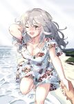  1boy 1girl alternate_costume beach blush breasts brown_eyes cleavage day dress drunk floral_print grey_hair hair_between_eyes hat highres igarashi_mangou kantai_collection large_breasts long_hair one_eye_closed open_mouth out_of_frame pola_(kancolle) rose_print running sand smile thick_eyebrows water wavy_hair white_dress 