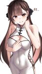  1girl absurdres bare_arms bare_shoulders blunt_bangs breasts brown_eyes brown_hair cleavage commentary covered_navel cowboy_shot dress grin highres honkai_(series) honkai_impact_3rd large_breasts li_sushang long_hair looking_at_viewer pyeong-il_pyeongil smile solo standing twintails very_long_hair white_dress 