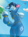  2019 anthro arwing beach big_breasts big_butt bikini blue_fur blue_hair breasts butt canid canine clothed clothing cloud creatiffy curvaceous day digital_media_(artwork) eyelashes fangs female fluffy fluffy_tail fox fur hair hi_res huge_breasts krystal mammal nintendo outside palmtree sea seaside simple_background skimpy skimpy_bikini sky smile solo standing star_fox summer swimwear thick_thighs thong under_boob undressing video_games water wide_hips 