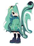  1girl ahoge alternate_costume aqua_hair aqua_jacket black_eyes black_footwear black_socks empty_eyes expressionless full_body hands_in_pockets hatsune_miku headphones highres jacket kneehighs long_hair long_sleeves looking_at_viewer miku_day mochu_(aoishikabane) parted_lips shoes sidelocks simple_background socks solo standing swirl very_long_hair vocaloid white_background 