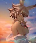 2024 blue_eyes breasts brown_body brown_hair brown_skin clothing digital_media_(artwork) exposed_breasts female final_fantasy final_fantasy_xiv hair hi_res humanoid lagomorph leporid mammal markings mole_(marking) mostly_nude partially_clothe rabbit rear_view saider short_hair smile smiling_at_viewer solo solo_focus square_enix sunset viera white_clothing
