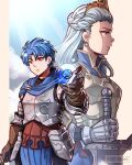  1boy 1girl alain_(unicorn_overlord) armor blue_cape blue_hair blue_sky brown_gloves cape closed_mouth cloud commentary crown earrings english_commentary faulds gauntlets gloves glowing gzei highres ilenia_(unicorn_overlord) jewelry long_hair looking_ahead queen red_eyes short_hair sky sphere_earrings sunlight unicorn_overlord 