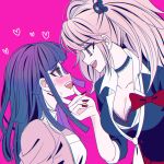  2girls :d bear_hair_ornament black_bra black_choker black_shirt blush bow bra breasts choker cleavage collarbone danganronpa:_trigger_happy_havoc danganronpa_(series) danganronpa_2:_goodbye_despair enoshima_junko eye_contact hair_ornament heart highres large_breasts looking_at_another multiple_girls nail_polish necktie pink_background pink_shirt pleated_skirt red_bow red_nails red_skirt satori_(aosky9077) shirt skirt smile teeth tsumiki_mikan twintails underwear upper_body upper_teeth_only white_necktie 