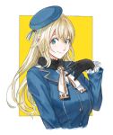 1girl atago_(kantai_collection) bangs beret black_gloves blonde_hair blue_eyes blush breasts closed_mouth fur_collar gloves hair_between_eyes hand_on_own_chest hat hiro_(chumo) kantai_collection long_hair long_sleeves military military_uniform simple_background smile solo uniform upper_body 