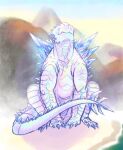 beach chilling claws eyes_closed faemothra female feral glowing godzilla_(series) happy hi_res kaiju monster monsterverse nude quadruped scales scalie shimo_(kaiju) simple_background sitting smile solo spikes spikes_(anatomy) tail toho white_body wholesome