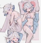  1girl ;d absurdres ahoge bed_sheet blue_eyes blue_hair blue_shirt blush bow bow_panties bra breasts commentary_request drop-shaped_pupils furina_(genshin_impact) genshin_impact grey_hair head_on_pillow heart heart_print highres hugging_own_legs knees_up light_blue_hair looking_at_viewer lying medium_breasts mismatched_pupils multicolored_hair multiple_views on_back one_eye_closed paid_reward_available panties pillow print_pillow shirt shirt_partially_removed short_hair sitting smile sooon symbol-shaped_pupils thighhighs underwear white_bra white_thighhighs 