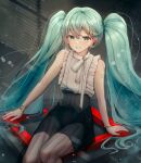  1girl :d absurdres aqua_eyes aqua_hair arm_tattoo arms_at_sides bare_arms bare_shoulders black_skirt bracelet deog3 earphones frilled_shirt frills gold_bracelet grin hair_between_eyes hair_ornament hairclip hatsune_miku hatsune_miku_(nt) high-waist_skirt highres jewelry light_blush long_hair looking_at_viewer number_tattoo scarf see-through see-through_skirt shirt sitting skirt sleeveless sleeveless_shirt smile solo tattoo twintails very_long_hair vocaloid white_shirt window_blinds 