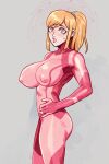  1girl @_@ bimbofication blonde_hair breast_expansion breasts brellom hairband hand_on_own_hip highres hypnosis large_breasts looking_at_viewer metroid mind_control pink_eyes ponytail samus_aran simple_background skin_tight smug zero_suit 
