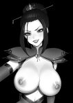  1girl armor artist_name avatar:_the_last_airbender avatar_legends azula brassica breasts collarbone detached_sleeves evil_smile eyelashes greyscale hair_ornament hair_stick highres large_breasts linea_alba monochrome nipples parted_lips shoulder_armor sidelocks smile solo topknot upper_body 