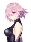  1girl bare_shoulders blush breasts elbow_gloves fate/grand_order fate_(series) gloves hair_over_one_eye highres large_breasts looking_at_viewer looking_to_the_side mash_kyrielight purple_eyes purple_hair short_hair smile solo tsukudani_(ore624) upper_body 